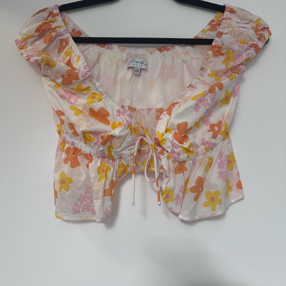 Sabo Skirt Pink and Yellow Puff Sleeve Crop Blouse